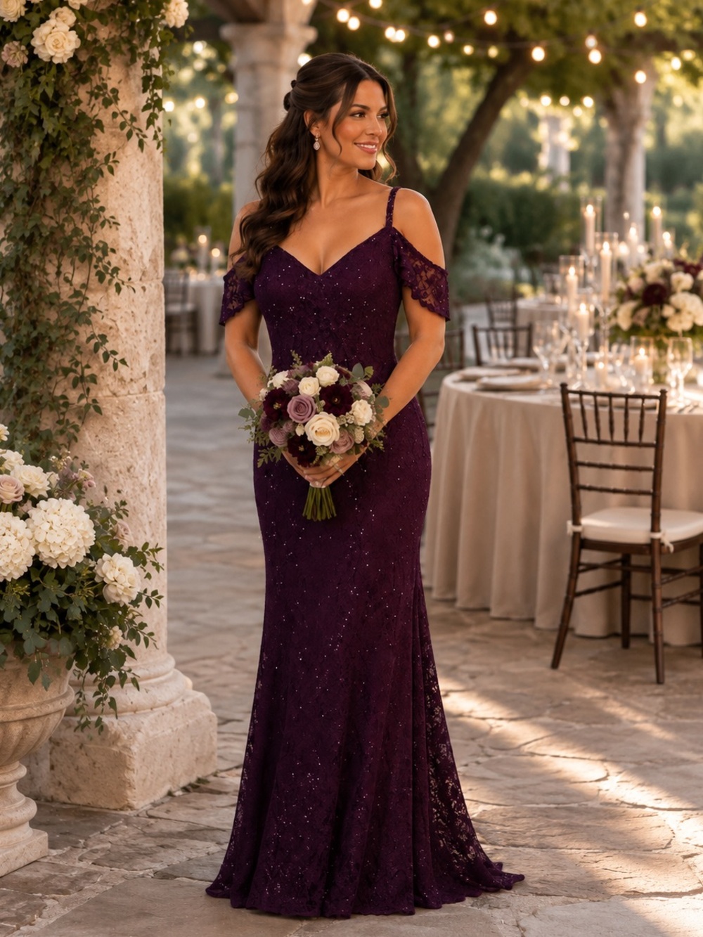 MORILEE Women's Eggplant Lace Beaded Cold-Shoulder Evening Gown Maxi Dress 8